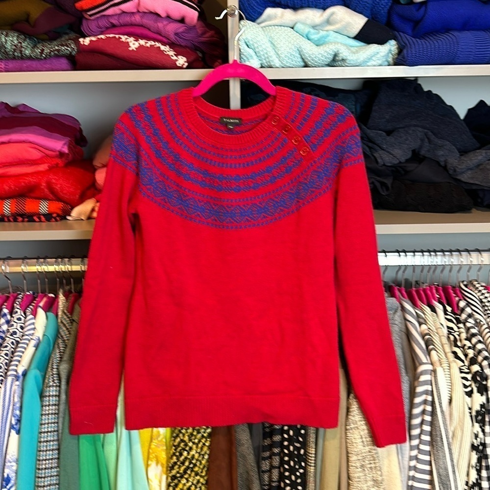 Talbots red and royal blue fair isle long sleeve crew neck sweater size XS
